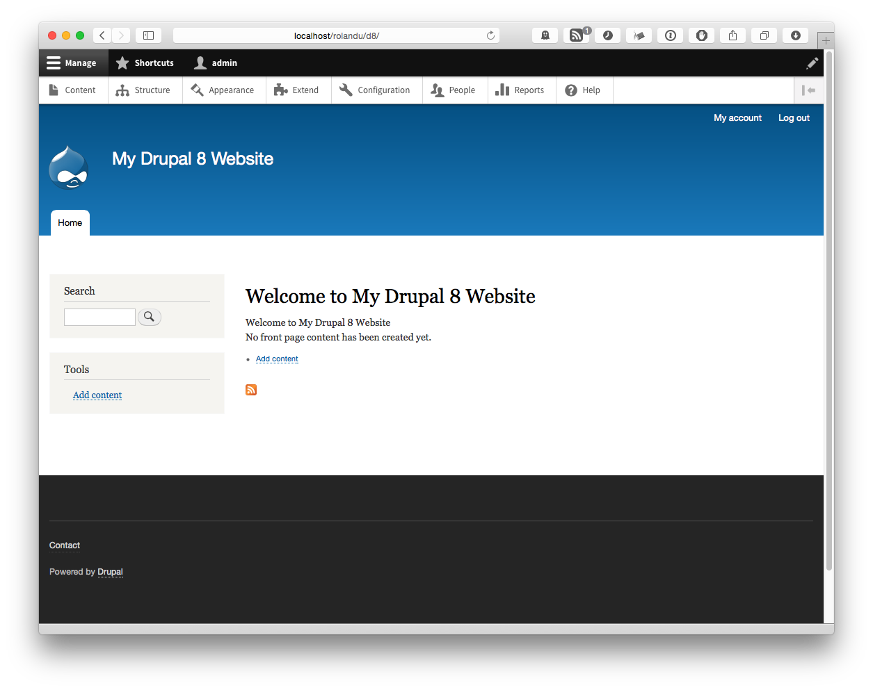 Screenshot: Freshly installed Drupal 8